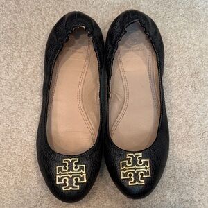 Tory Burch Black Leather Flats with Gold Logo